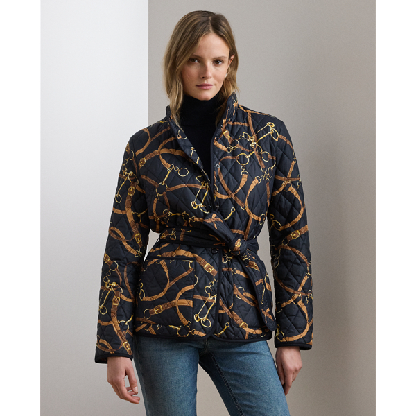 Ralph Lauren Belting-print Quilted Mockneck Jacket In Multi