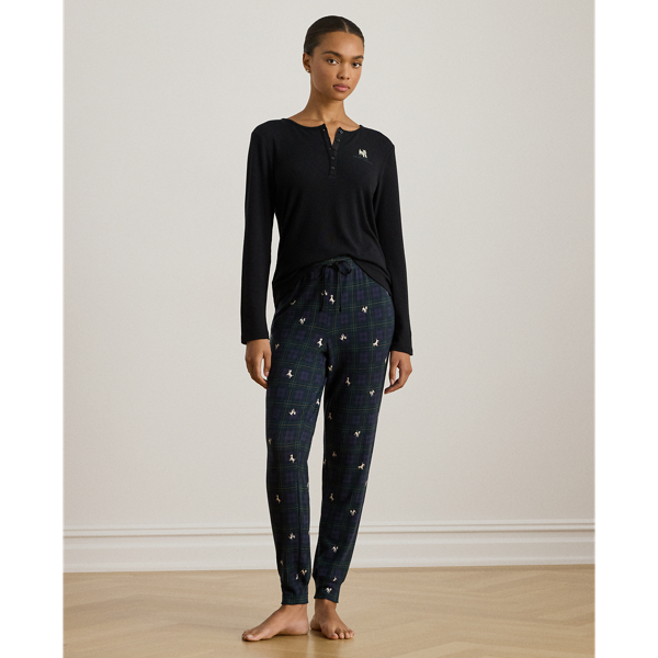 Ralph Lauren Dog-print Plaid Henley Jogger Pajama Set In Black