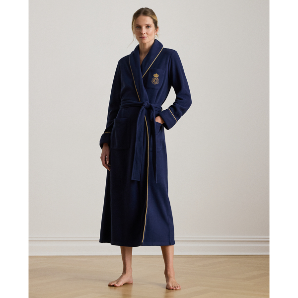 Ralph Lauren Microfleece Long Shawl-collar Robe In Blue