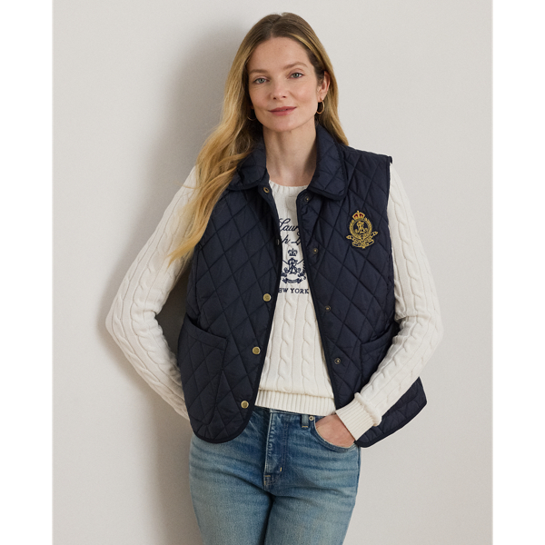 Ralph Lauren Crest-patch Diamond-quilted Vest In Dark Navy