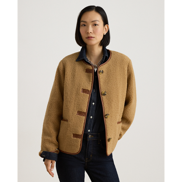 Faux-Leather-Trim Faux-Fur Teddy Coat
