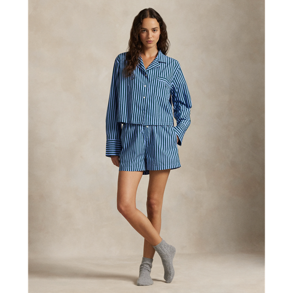 Ralph Lauren Crop Top & Boxer Poplin Pajama Set In Blue