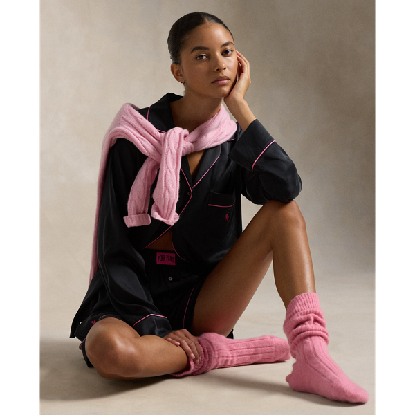 Polo Ralph Lauren Pink Pony Silk Pajama Set In Onyx