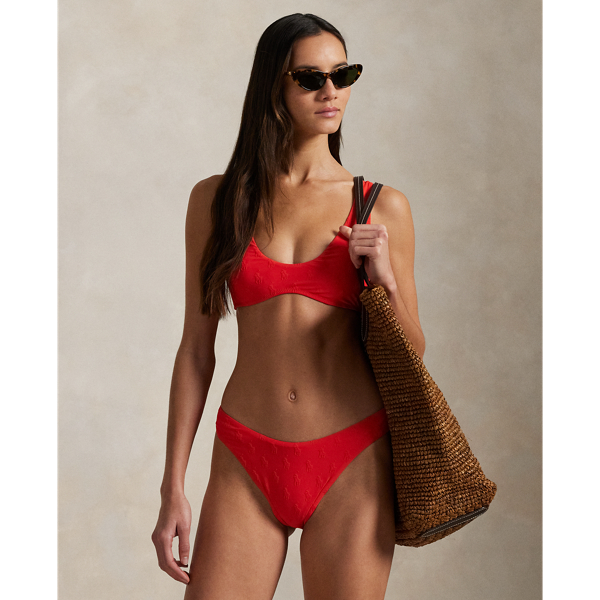 Polo Ralph Lauren High Leg Scoop Front Logo Jacquard Bikini Bottoms In Bright Hibiscus