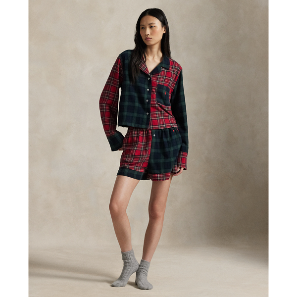 Ralph Lauren Plaid Flannel Crop Top & Boxer Pj Set In Multi