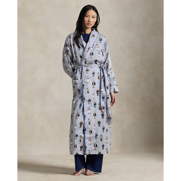 Ralph Lauren Striped Polo Bear Cotton Robe In Gray