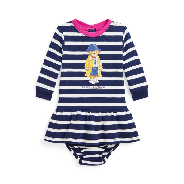 Polo Ralph Lauren Ralph Lauren Polo Bear Stripe Long Sleeve Graphic Dress & Bloomers In Newport Navy/paper White