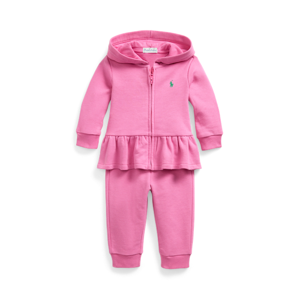 Polo Ralph Lauren Ralph Lauren French Terry Zip-up Peplum Hoodie & Joggers Set In Laguna Pink/plato Green