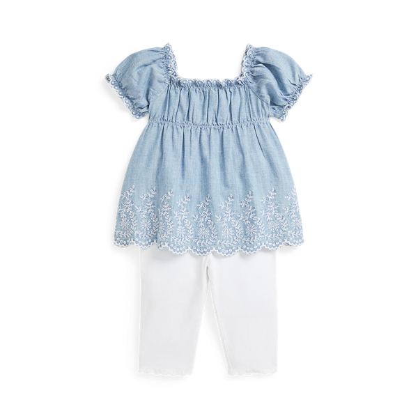 Polo Ralph Lauren Ralph Lauren Embroidered Cotton Chambray Top & Leggings Set In New Medium Wash