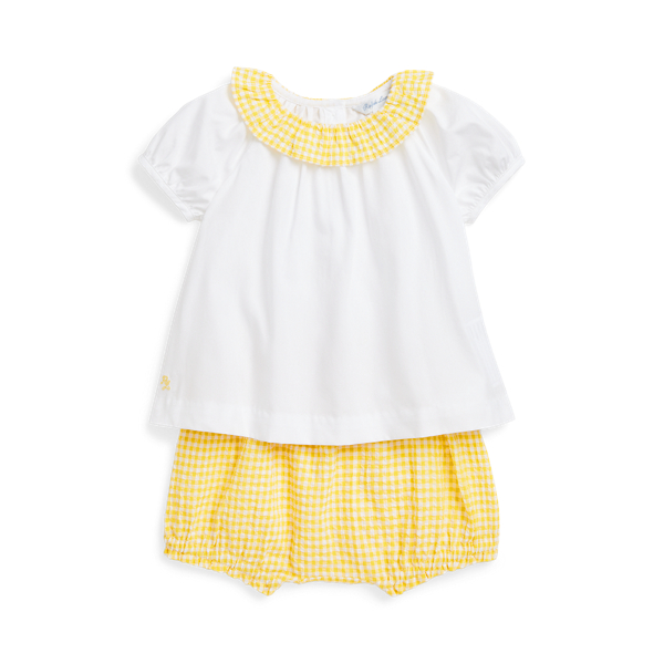 Polo Ralph Lauren Top & Gingham Seersucker Short Set In White/yellow Gingham