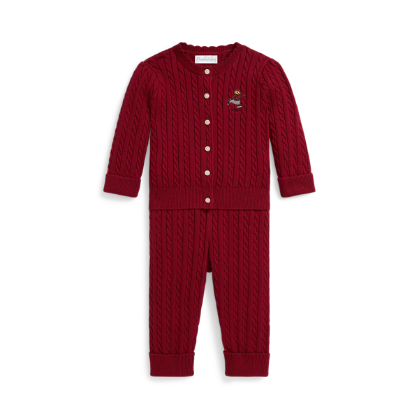 Ralph Lauren Polo Bear Cotton Cardigan & Pant Set In Red