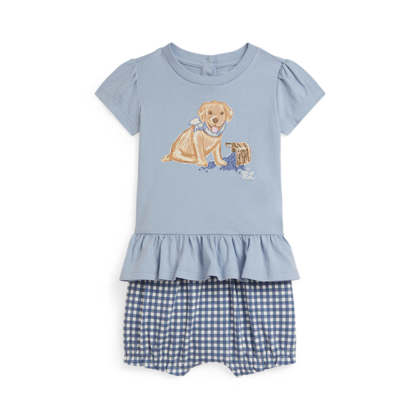 Dog-Print Cotton Tee & Gingham Bloomer