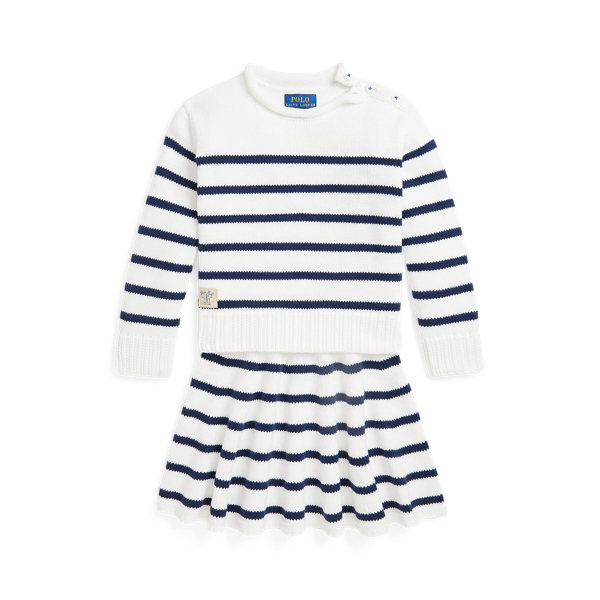 Polo Ralph Lauren Striped Cotton Sweater And Skirt Set In White/newport Navy