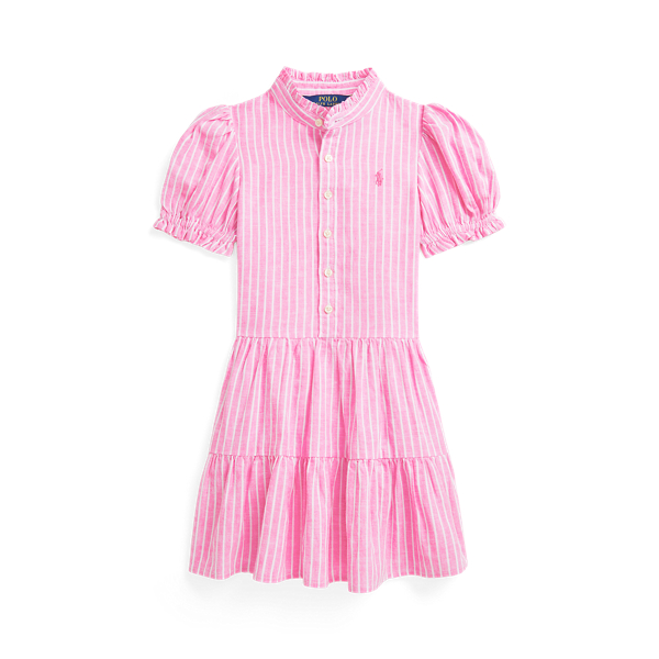 Polo Ralph Lauren Striped Tiered Linen-cotton Dress In Pink/white