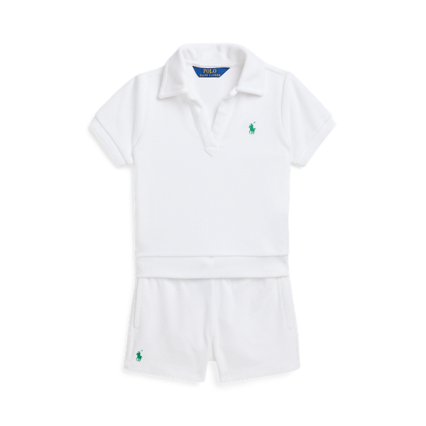 Polo Ralph Lauren Big Girls 2-piece Terry Polo Shirt And Short Set In White/plato Green