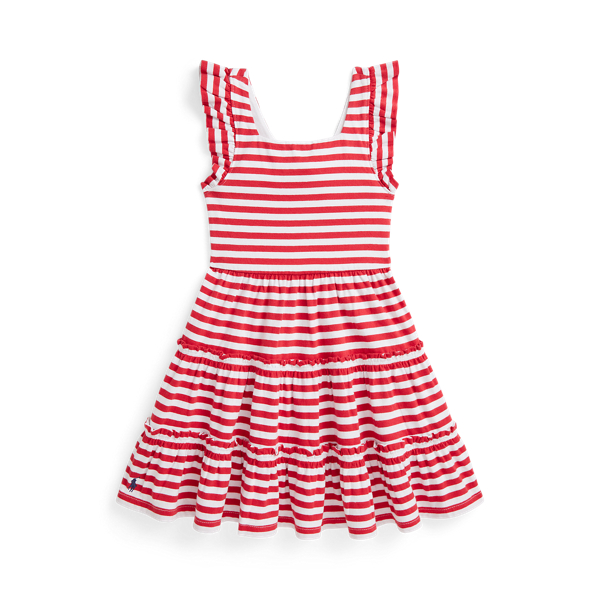 Polo Ralph Lauren Striped Ruffled Cotton Jersey Dress In Starboard Red/white