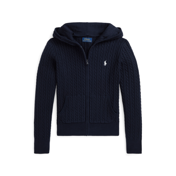 Polo Ralph Lauren Big Girls Mini-cable Cotton Full-zip Hoodie In Hunter Navy/nevis