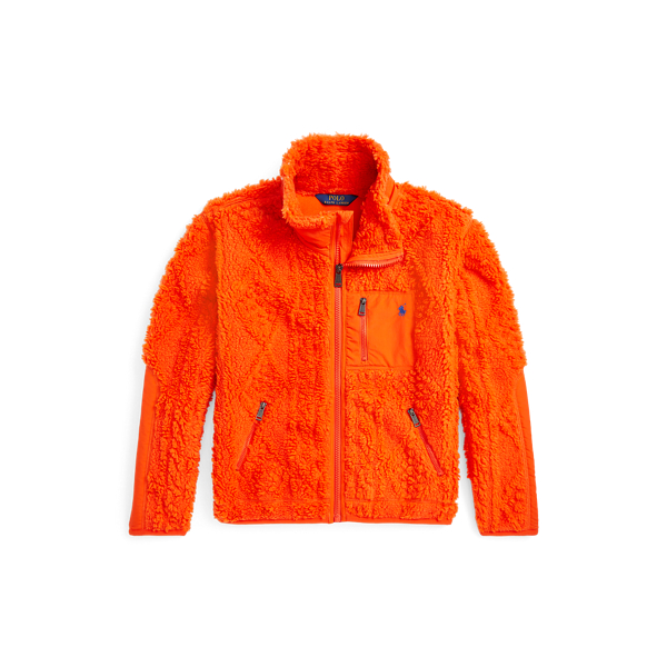 Polo Ralph Lauren Cable-motif Teddy Fleece Hybrid Jacket In Dusk Orange/travel Blue