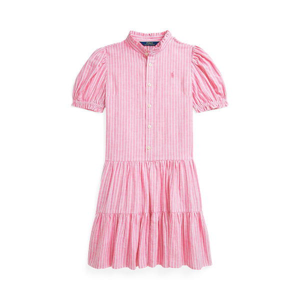 Polo Ralph Lauren Striped Tiered Linen-cotton Dress In Pink/white