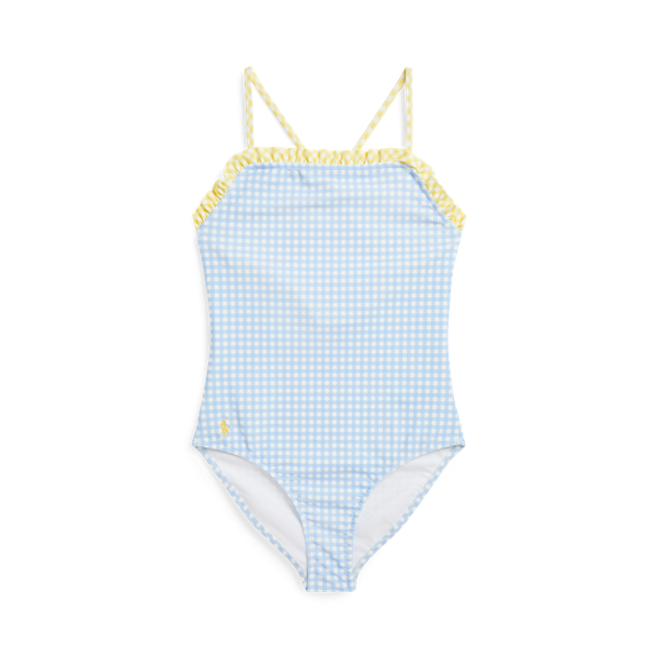 Polo Ralph Lauren Gingham Ruffled One-piece Swimsuit In Blue Gingham W/ Yellow