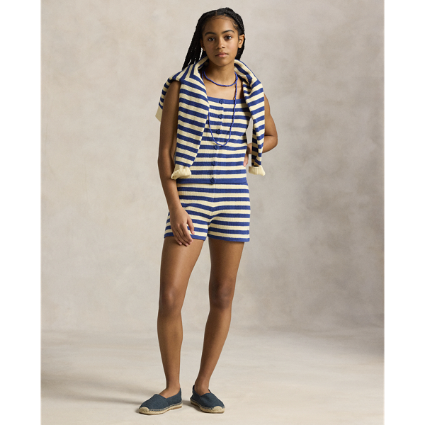 Polo Ralph Lauren Striped Cotton Sweater Top & Short Set In Charter Blue/cream