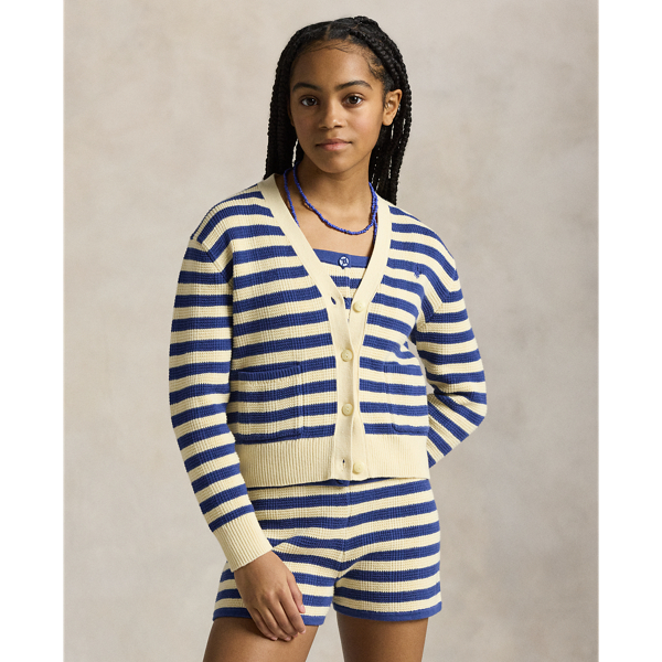 Polo Ralph Lauren Striped Cotton V-neck Cardigan In Cream W/charter Blue