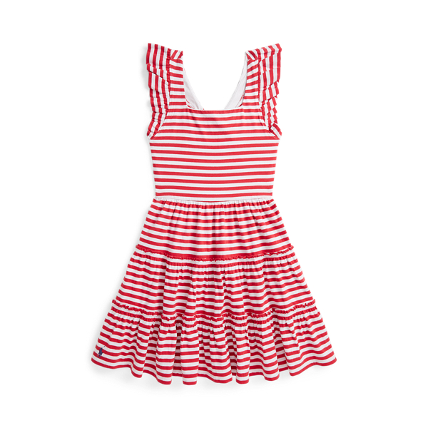 Polo Ralph Lauren Striped Ruffled Cotton Jersey Dress In Starboard Red/white