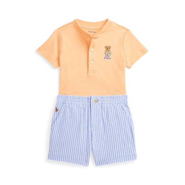 Polo Ralph Lauren Ralph Lauren Embroidered Cotton Henley T-shirt & Stripe Shorts Set In Soft Creamsicle