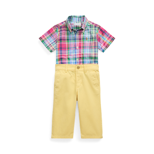 Polo Ralph Lauren Baby Boys Plaid Poplin Shirt & Chino Pants Set In Pink Blue Multi