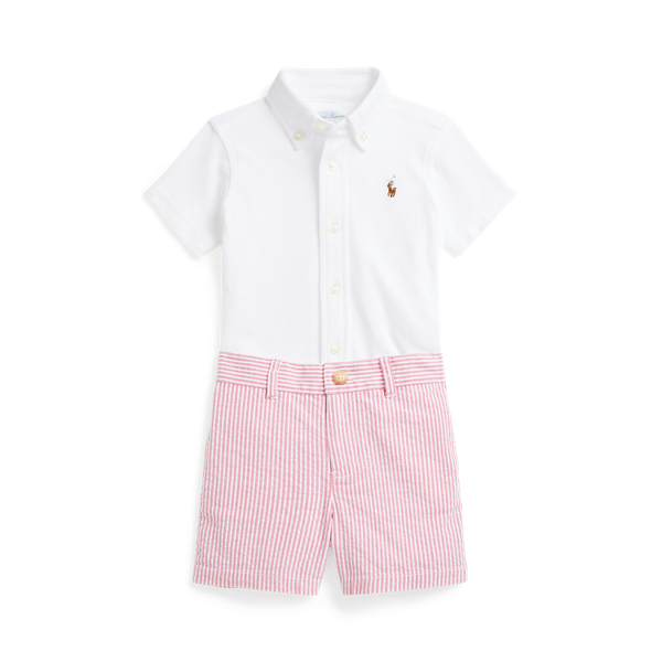 Polo Ralph Lauren Ralph Lauren Short Sleeve Cotton Piqué Button-down Shirt & Seersucker Shorts Set In White/pink