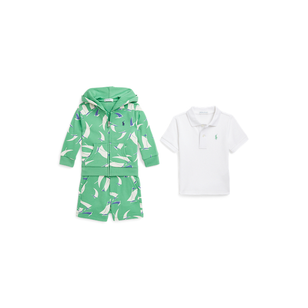 Polo Ralph Lauren Polo Shirt, Terry Hoodie & Short Set In Green/sails Print