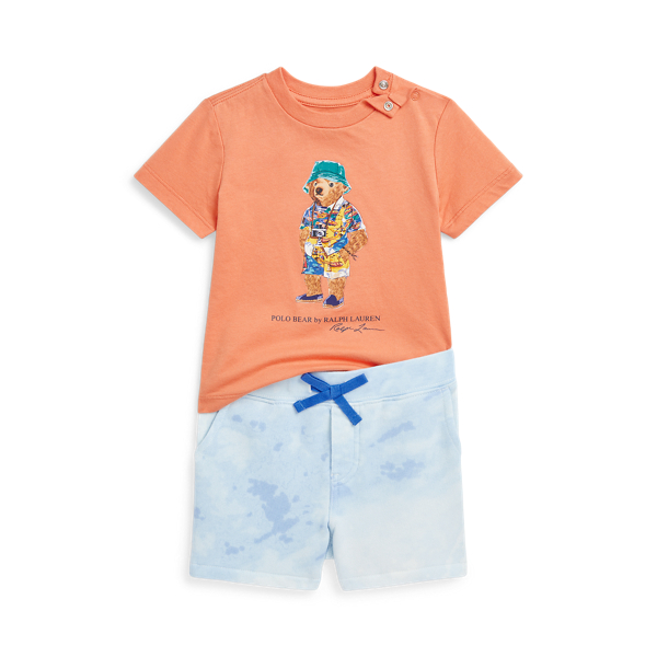 Polo Ralph Lauren Polo Bear Jersey Tee & Terry Short Set In Peach Tree