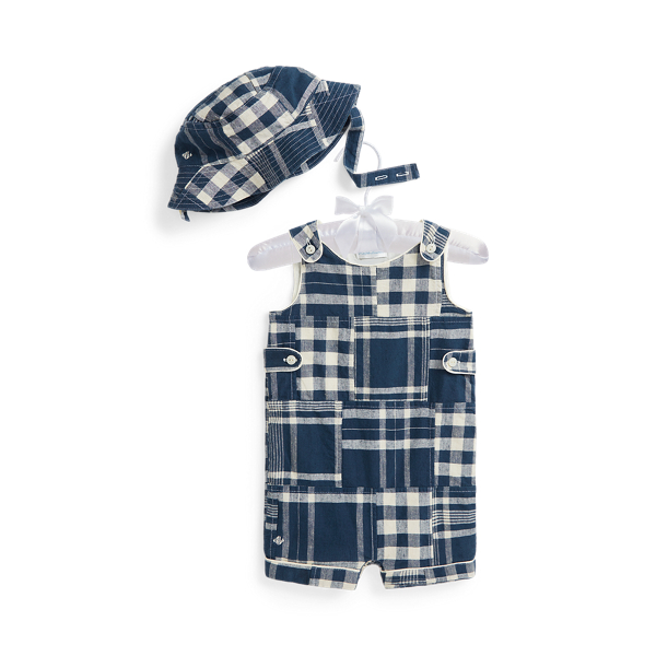 Polo Ralph Lauren Patchwork Overall & Hat Set In Navy Patchwork