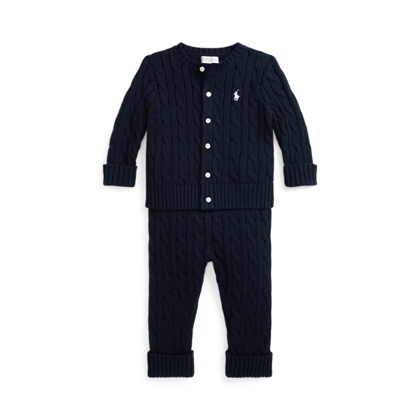 Polo Ralph Lauren Ralph Lauren Cable Stitch Cotton Cardigan & Sweater Pants Set In College Navy