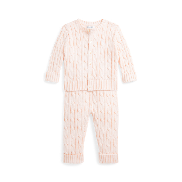 Polo Ralph Lauren Ralph Lauren Cable Stitch Cotton Cardigan & Sweater Pants Set In Morning Pink