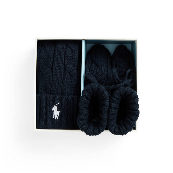 Polo Ralph Lauren Cotton Beanie & Bootie Set In College Navy