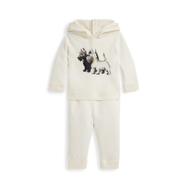 Ralph Lauren Dog-intarsia Hooded Sweater & Pant Set In Neutral