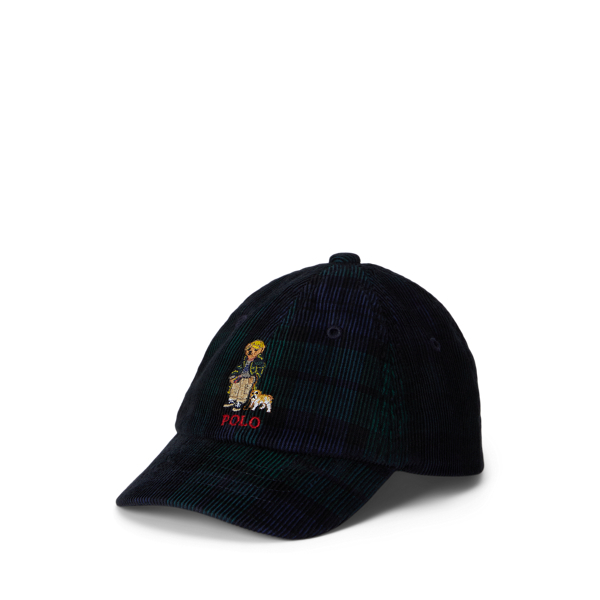 Ralph Lauren Plaid Polo Bear Corduroy Ball Cap In Black