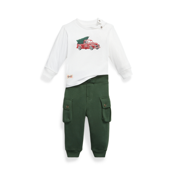 Ralph Lauren Truck-print Jersey Tee & Fleece Pant Set In Multi