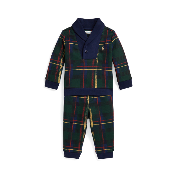 Ralph Lauren Plaid Fleece Sweatshirt & Pant Set In Blue