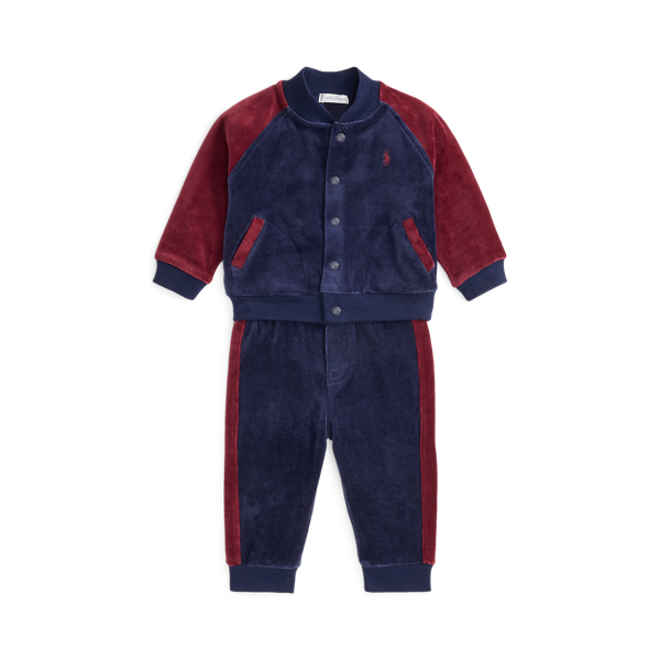 Ralph Lauren Velour Baseball Jacket & Jogger Pant Set In Blue