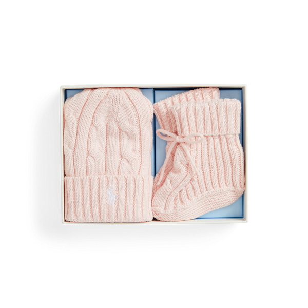 Ralph Lauren Cable-knit Cotton Beanie & Bootie Set In Pink