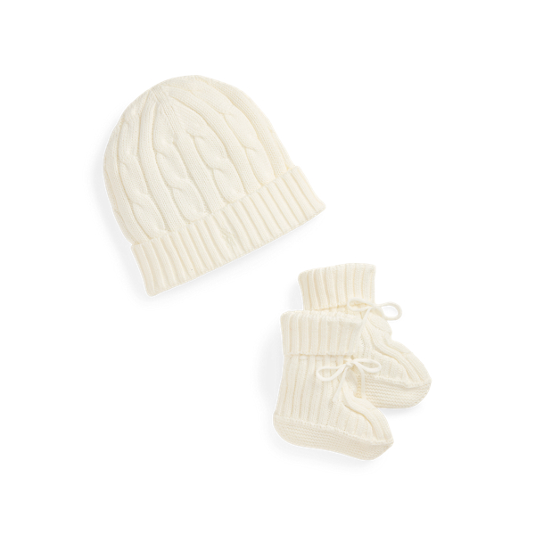 Ralph Lauren Cable-knit Cotton Beanie & Bootie Set In Brown