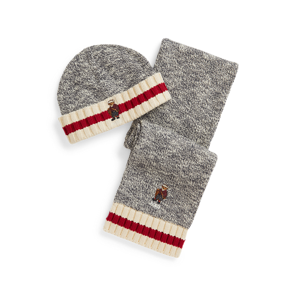 Polo Ralph Lauren Ralph Lauren Polo Bear Cotton Hat & Scarf Set In Gray
