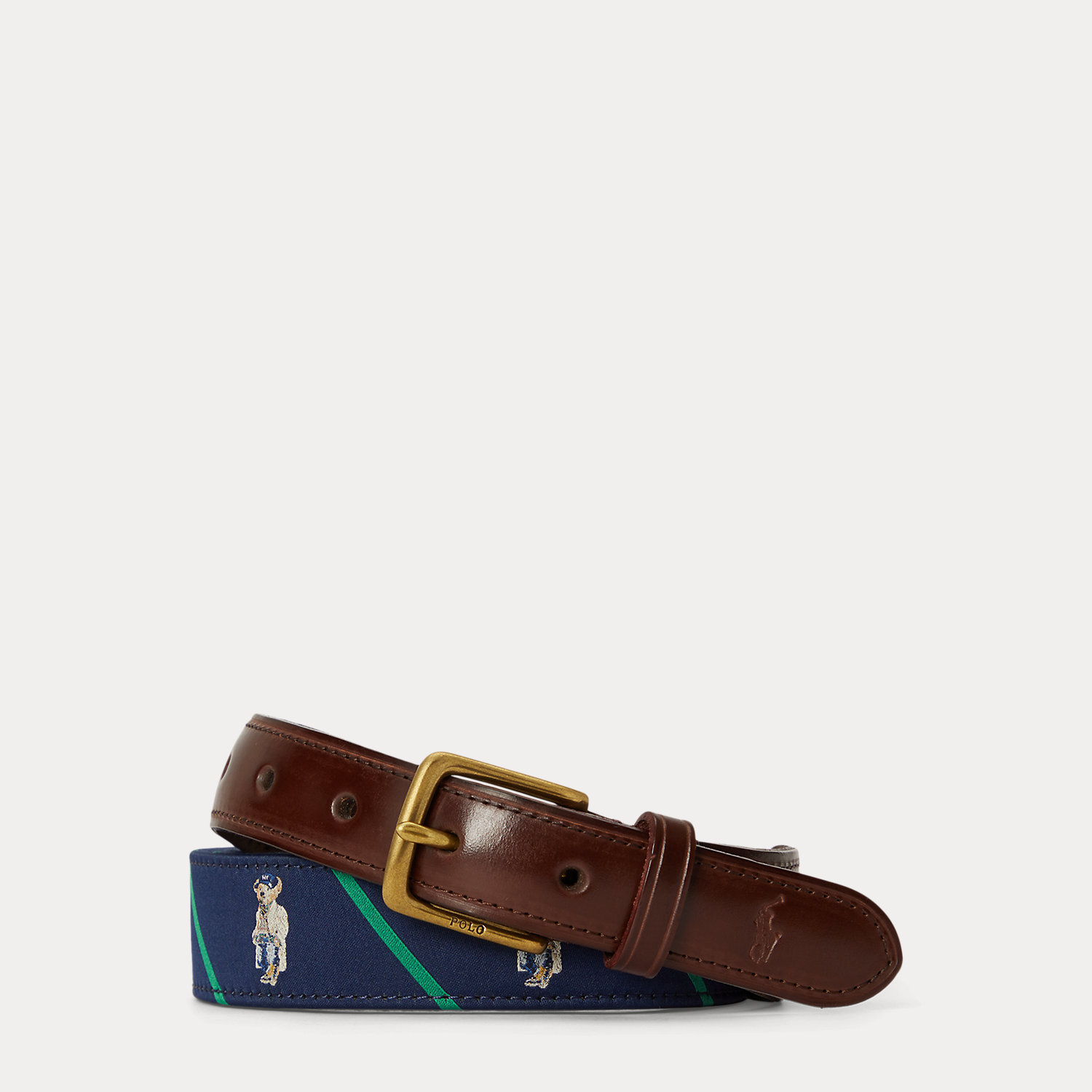 Polo Bear Leather-Trim Striped Belt