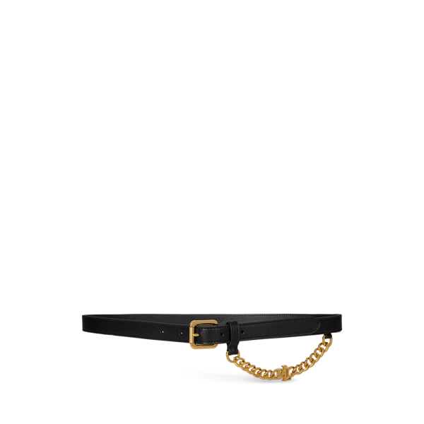 Ralph Lauren Logo-chain Leather Skinny Belt In Black