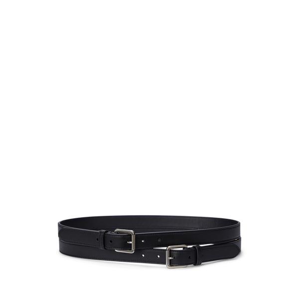 Shop Laurèn Leather Double-buckle Stacked Wide Belt In Black