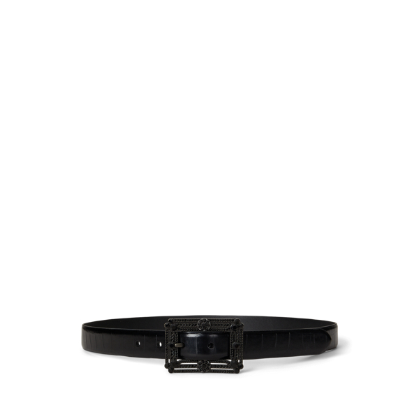Ralph Lauren Embellished-buckle Embossed Skinny Belt In Black