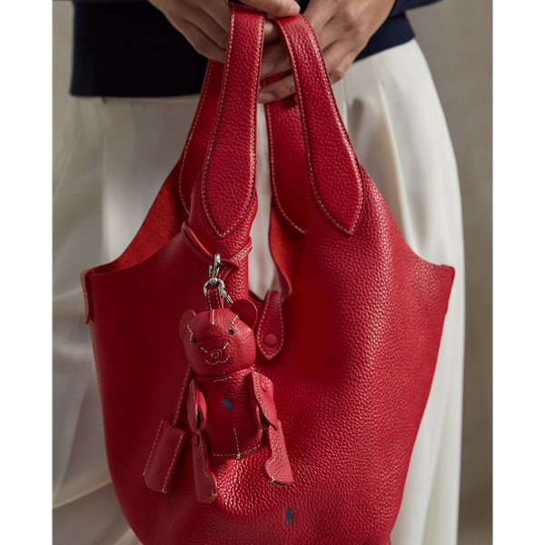 Ralph Lauren Polo Bear Leather Bag Charm In Cherry In Red
