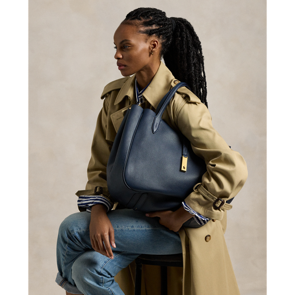 Polo Ralph Lauren Polo Id Leather Large Tote In Marine Navy